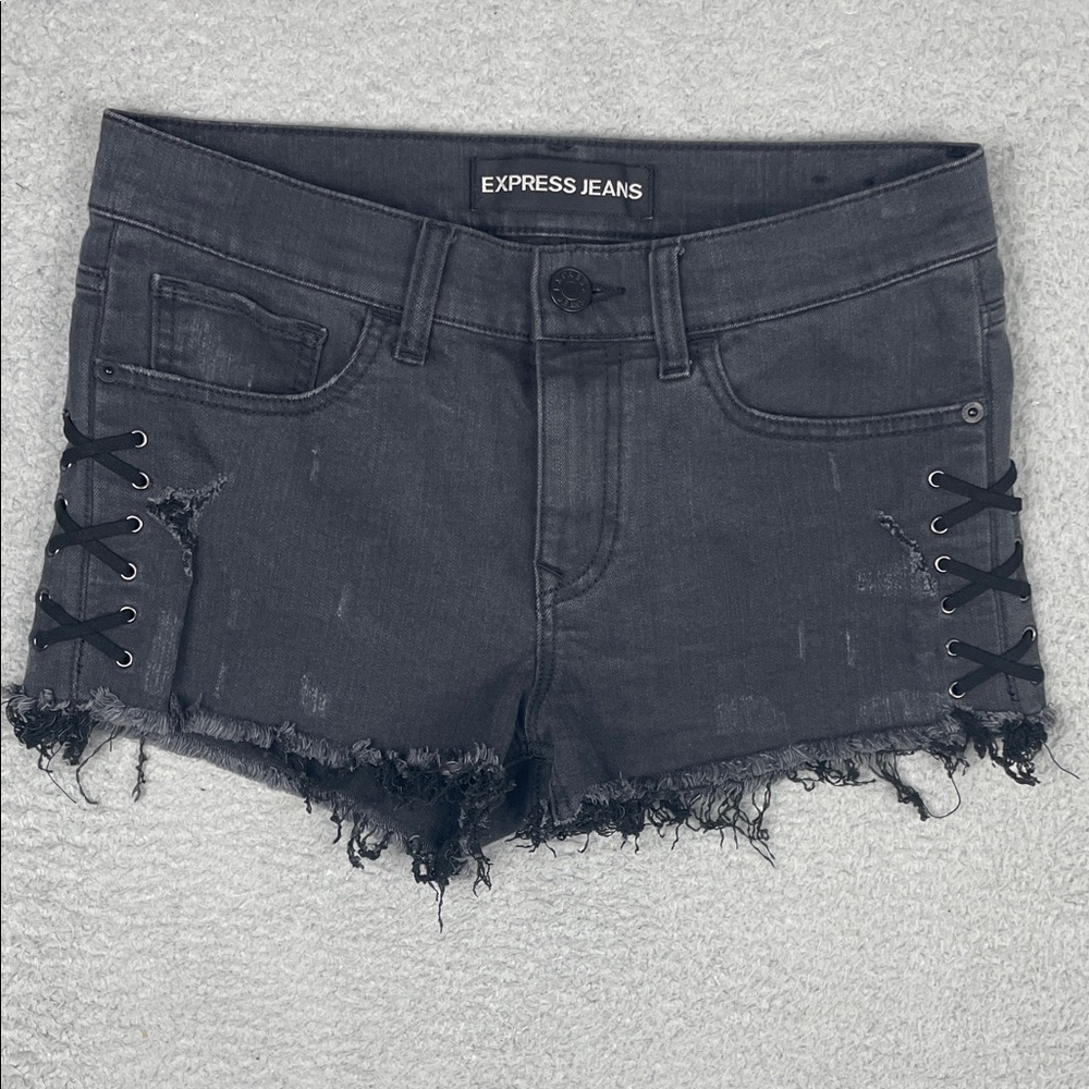 VTG Express Jeans Jean Shorts Womens 4 (30x2) Black Lace Up Distressed